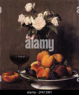 Henri Fantin-Latour - Still Life with Roses Fruit Glass Wine 1872 Stock Photo