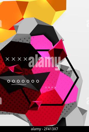 Color 3d geometric composition poster. Color 3d geometric composition poster. Vector illustration of colorful triangles, pyramids, hexagons and other shapes on grey background Stock Vector