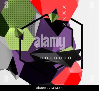 Color 3d geometric composition poster. Color 3d geometric composition poster. Vector illustration of colorful triangles, pyramids, hexagons and other shapes on grey background Stock Vector