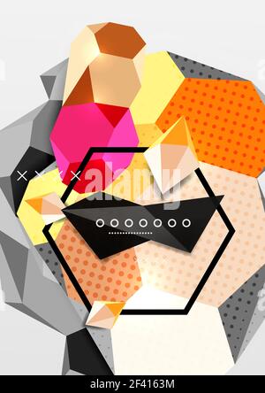 Color 3d geometric composition poster. Color 3d geometric composition poster. Vector illustration of colorful triangles, pyramids, hexagons and other shapes on grey background Stock Vector
