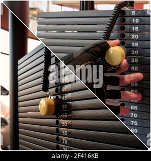 Hand in gym glove setting right weight on gym trainer, collage Stock Photo