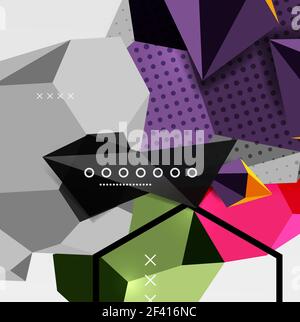 Color 3d geometric composition poster. Color 3d geometric composition poster. Vector illustration of colorful triangles, pyramids, hexagons and other shapes on grey background Stock Vector