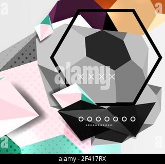 Color 3d geometric composition poster. Color 3d geometric composition poster. Vector illustration of colorful triangles, pyramids, hexagons and other shapes on grey background Stock Vector