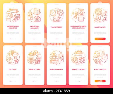 Microplastics sources onboarding mobile app page screen with concepts Stock Vector