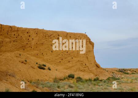 Desert orange clay cliff with holes of swallow nest,  a lot of copyspace on a sky.. Desert orange clay cliff with holes of swallow nest,  a lot of c Stock Photo