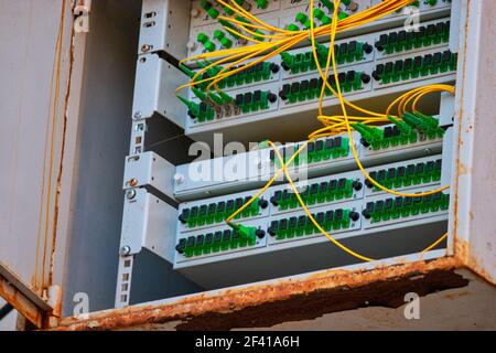 Open box with patch-panels with many fiber optic cords connected into. Open box with patch-panels with many fiber optic cords Stock Photo