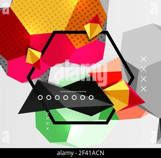 Color 3d geometric composition poster. Color 3d geometric composition poster. Vector illustration of colorful triangles, pyramids, hexagons and other shapes on grey background Stock Vector