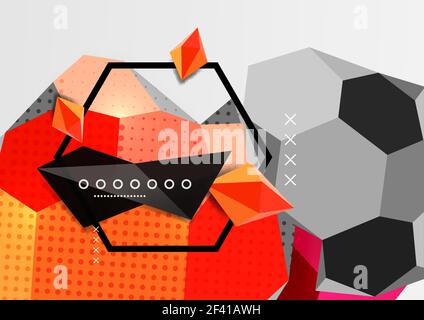 Color 3d geometric composition poster. Color 3d geometric composition poster. Vector illustration of colorful triangles, pyramids, hexagons and other shapes on grey background Stock Vector
