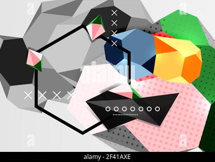 Color 3d geometric composition poster. Color 3d geometric composition poster. Vector illustration of colorful triangles, pyramids, hexagons and other shapes on grey background Stock Vector