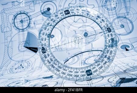 Technical drawings in a blue toning Stock Photo