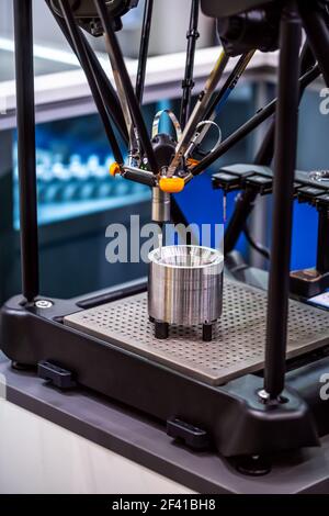 Quality control measurement probe. Metalworking CNC milling machine. Cutting metal modern processing technology. Small depth of field. Warning - authentic shooting in challenging conditions. Stock Photo