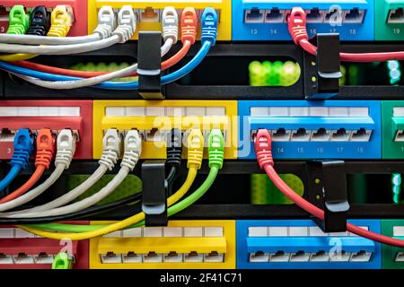 Colorful Telecommunication Colorful Ethernet Cables Connected to the Switch in Internet Data Center Stock Photo