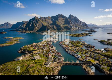 Panorama Lofoten is an archipelago in the county of Nordland, Norway. Is known for a distinctive scenery with dramatic mountains and peaks, open sea and sheltered bays, beaches and untouched lands. Stock Photo