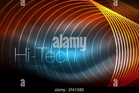 Circular glowing neon shapes, techno background. Abstract shiny transparent circles on dark technology space. Circular glowing neon shapes, techno background. Abstract shiny transparent circles on dark technology space. Glowing neon circles, techno digital background Stock Vector