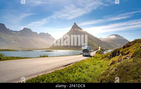 VR Caravan car travels on the highway. Tourism vacation and traveling. Beautiful Nature Norway natural landscape. Stock Photo