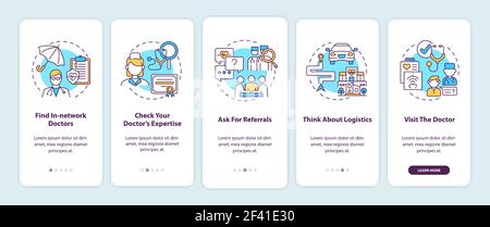 Choosing primary care doctor tips onboarding mobile app page screen with concepts Stock Vector
