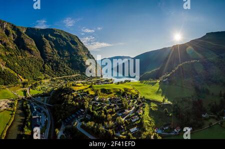 Aurlandsfjord Town Of Flam at dawn. Beautiful Nature Norway natural landscape. Stock Photo