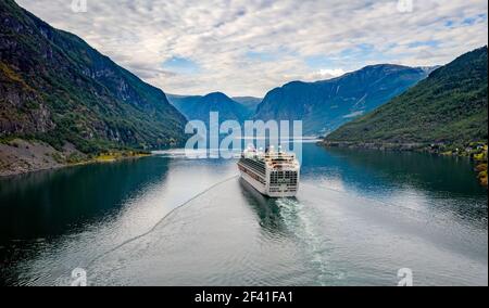 Cruise Ship, Cruise Liners On Hardanger fjorden, Flam Norway. Beautiful Nature Norway natural landscape. Stock Photo