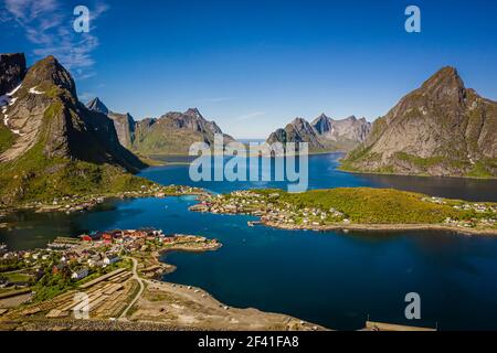 Panorama Lofoten is an archipelago in the county of Nordland, Norway. Is known for a distinctive scenery with dramatic mountains and peaks, open sea and sheltered bays, beaches and untouched lands. Stock Photo