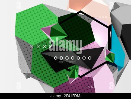 Color 3d geometric composition poster. Color 3d geometric composition poster. Vector illustration of colorful triangles, pyramids, hexagons and other shapes on grey background Stock Vector
