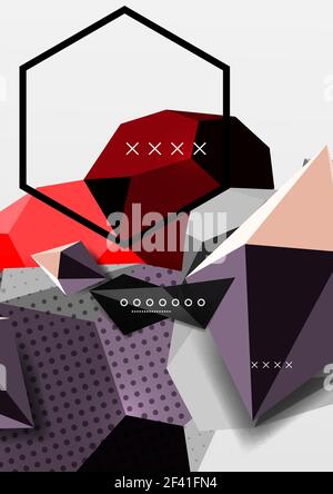 Color 3d geometric composition poster. Color 3d geometric composition poster. Vector illustration of colorful triangles, pyramids, hexagons and other shapes on grey background Stock Vector