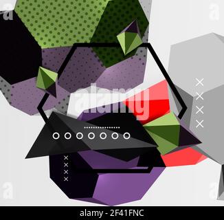 Color 3d geometric composition poster. Color 3d geometric composition poster. Vector illustration of colorful triangles, pyramids, hexagons and other shapes on grey background Stock Vector