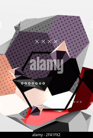 Color 3d geometric composition poster. Color 3d geometric composition poster. Vector illustration of colorful triangles, pyramids, hexagons and other shapes on grey background Stock Vector