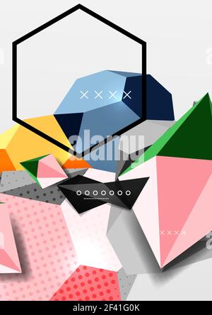 Color 3d geometric composition poster. Color 3d geometric composition poster. Vector illustration of colorful triangles, pyramids, hexagons and other shapes on grey background Stock Vector