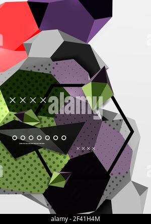 Color 3d geometric composition poster. Color 3d geometric composition poster. Vector illustration of colorful triangles, pyramids, hexagons and other shapes on grey background Stock Vector