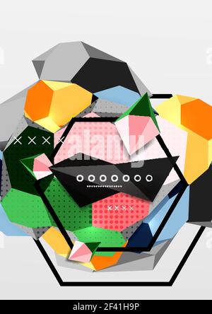 Color 3d geometric composition poster. Color 3d geometric composition poster. Vector illustration of colorful triangles, pyramids, hexagons and other shapes on grey background Stock Vector