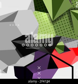 Color 3d geometric composition poster. Color 3d geometric composition poster. Vector illustration of colorful triangles, pyramids, hexagons and other shapes on grey background Stock Vector