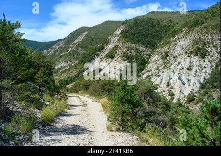 Wild mountain path in desolate landscape surrounded by bushes and shrubs Stock Photo