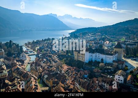 Stunning aerial view of buildings in Annecy city center by the lake in France Stock Photo