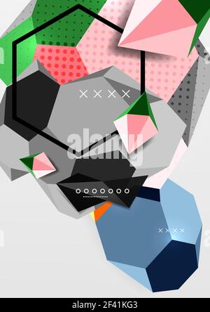 Color 3d geometric composition poster. Color 3d geometric composition poster. Vector illustration of colorful triangles, pyramids, hexagons and other shapes on grey background Stock Vector