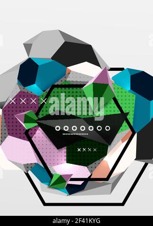 Color 3d geometric composition poster. Color 3d geometric composition poster. Vector illustration of colorful triangles, pyramids, hexagons and other shapes on grey background Stock Vector