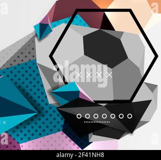 Color 3d geometric composition poster. Color 3d geometric composition poster. Vector illustration of colorful triangles, pyramids, hexagons and other shapes on grey background Stock Vector