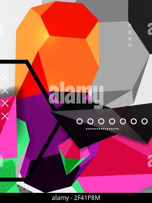 Color 3d geometric composition poster. Color 3d geometric composition poster. Vector illustration of colorful triangles, pyramids, hexagons and other shapes on grey background Stock Vector