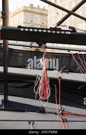 View of the sailboat rope on the horns of ship Stock Photo