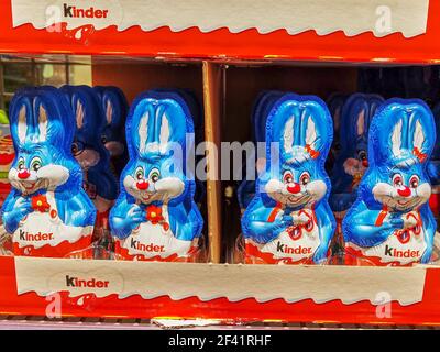 Berlin, Germany - March 18, 2021: Assortment of Easter bunnies out of chocolate in a German supermarket. Stock Photo