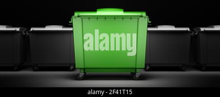 green garbage container among gray containers isolated on dark background. 3d illustration Stock Photo