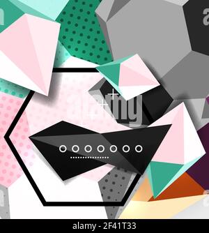 Color 3d geometric composition poster. Color 3d geometric composition poster. Vector illustration of colorful triangles, pyramids, hexagons and other shapes on grey background Stock Vector