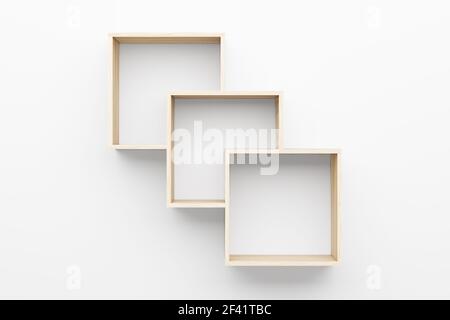 empty wooden shelves on white wall with light from the top. 3d illustration Stock Photo
