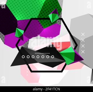 Color 3d geometric composition poster. Color 3d geometric composition poster. Vector illustration of colorful triangles, pyramids, hexagons and other shapes on grey background Stock Vector