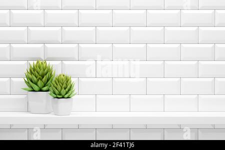 white shelf on tiled wall with green potted plants mock up. 3d illustration Stock Photo