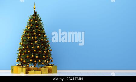 decorated christmas tree with gift boxes in blue room. 3d illustration Stock Photo