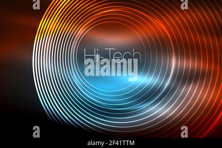 Circular glowing neon shapes, techno background. Abstract shiny transparent circles on dark technology space. Circular glowing neon shapes, techno background. Abstract shiny transparent circles on dark technology space. Glowing neon circles, techno digital background Stock Vector