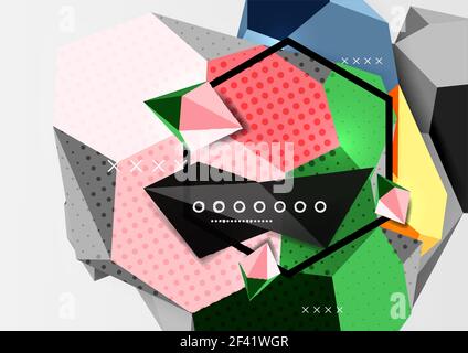 Color 3d geometric composition poster. Color 3d geometric composition poster. Vector illustration of colorful triangles, pyramids, hexagons and other shapes on grey background Stock Vector