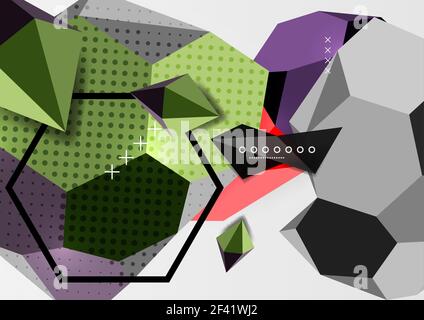 Color 3d geometric composition poster. Color 3d geometric composition poster. Vector illustration of colorful triangles, pyramids, hexagons and other shapes on grey background Stock Vector