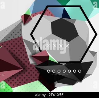 Color 3d geometric composition poster. Color 3d geometric composition poster. Vector illustration of colorful triangles, pyramids, hexagons and other shapes on grey background Stock Vector
