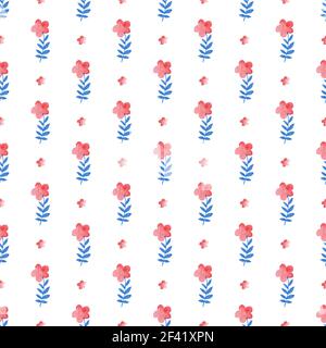 Watercolor floral seamless pattern with blue and pink flowers on a white background Stock Photo